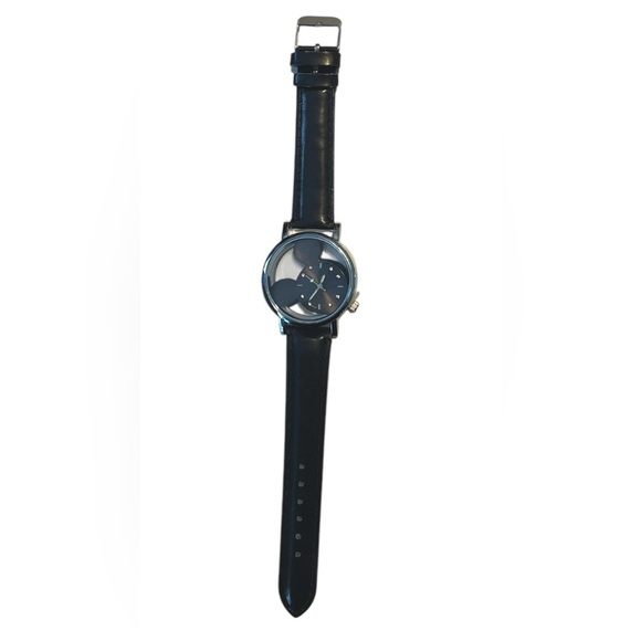 Mickey Mouse Watch Black Faux Leather Band Large Face Mouse Ears Disney New - Picture 1 of 4